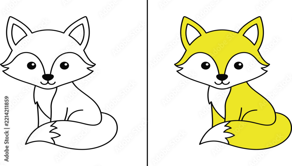 Fototapeta premium Cute sitting fox coloring page with colored example for kids