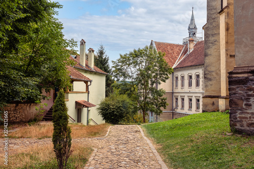 Obraz na plátně Historic architecture and cobblestone path in the medieval old town of Sighisoar