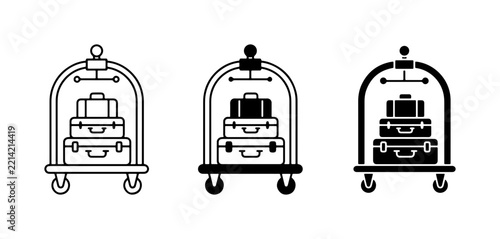 Hotel luggage cart icons with suitcases for travel and transport