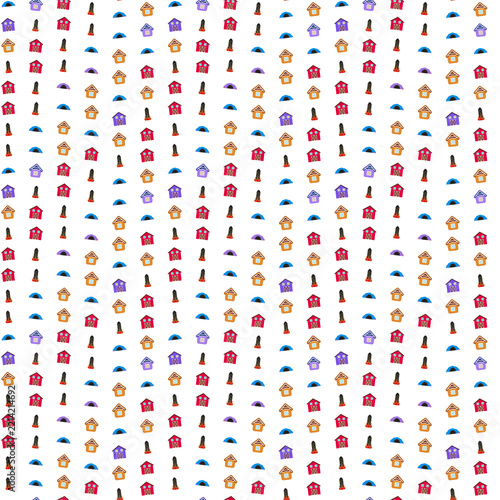 Seamless pattern of houses, tents, and campfires