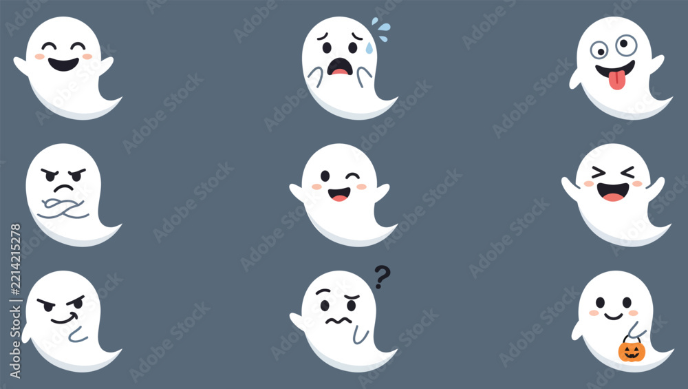 Fototapeta premium Set of cute ghost characters with various expressions and emotions for halloween