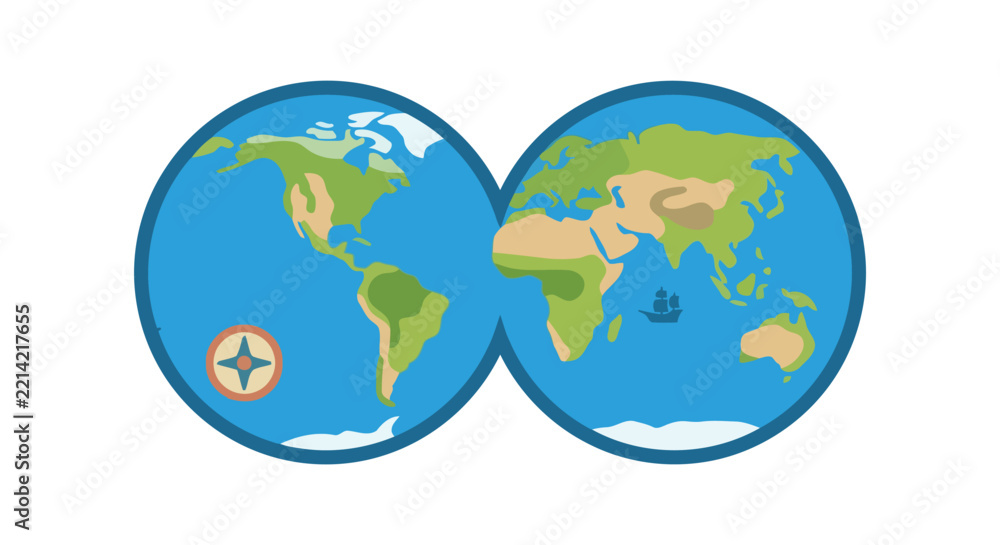 Obraz premium World map illustration displayed within a binocular shape on a white background