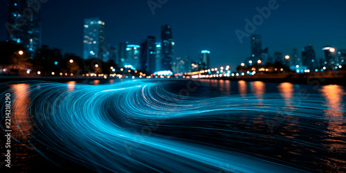 Glowing digital streams flow through city river at night. Futuristic AI analyzes data visualizing urban network. Smart city tech predicts future events, manages water resources, preventing disasters