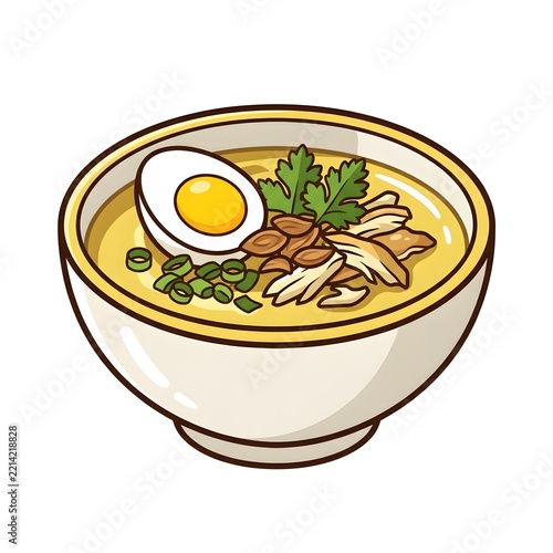 Pixel Art Bowl Of Chicken Soup With Boiled Egg And Green Garnish On A White Background