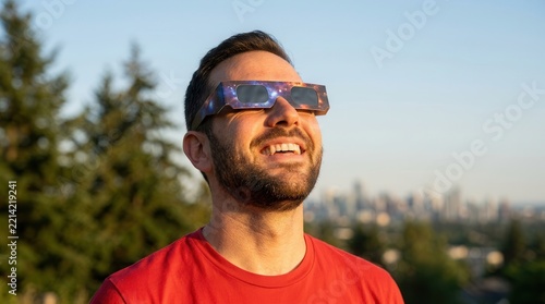 A smiling man looking up at the sky wearing solar eclipse glasses