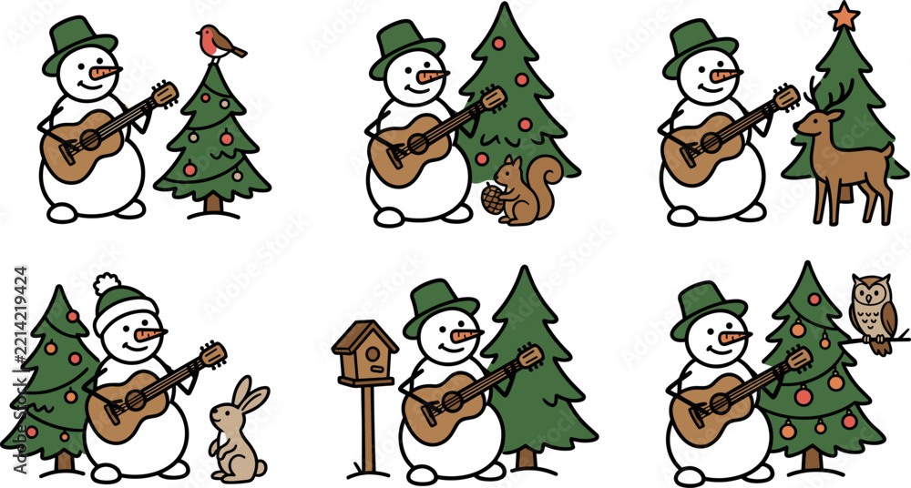 Fototapeta premium Snowman playing guitar with forest animals and Christmas trees, flat vector illustration set for holiday season greeting cards and winter decorations