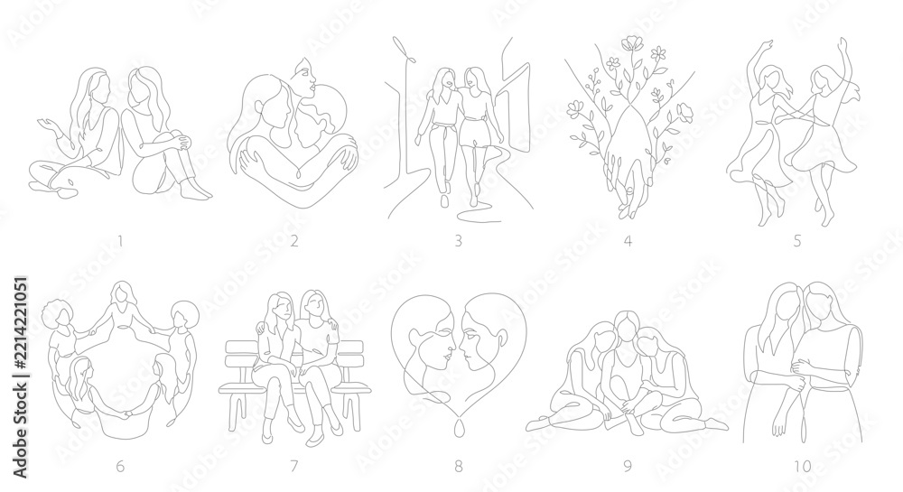 Fototapeta premium Sisterhood line art set with women embracing, dancing and holding hands, friendship and support for logos