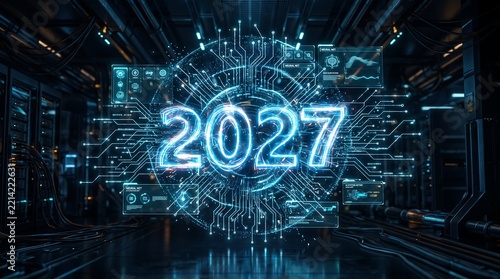 New Year 2027 holographic digital display in a futuristic server room