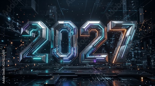 Futuristic 3D 2027 numbers glowing in a digital cyber technology
