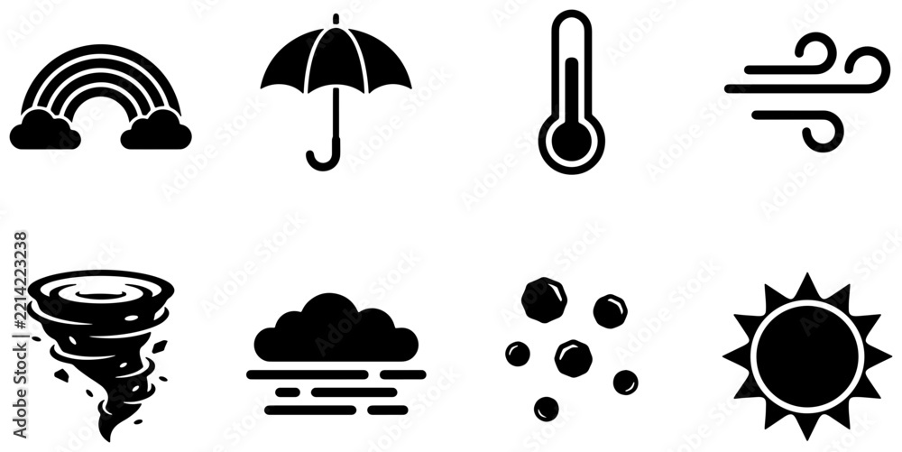Fototapeta premium Weather icons set with sun, rainbow, tornado, umbrella, thermometer, wind, hail, and clouds for meteorology and forecast