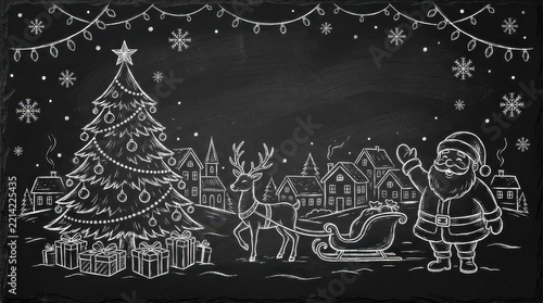 Christmas Composition in Chalkboard Style with a Decorated Tree, Santa Claus, Reindeer, and Festive Village Scene.