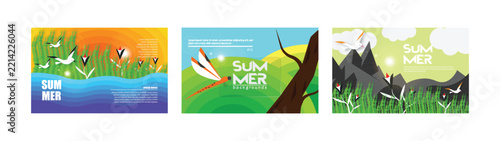 Set of summer landscape backgrounds with nature, birds, dragonfly, mountains and river