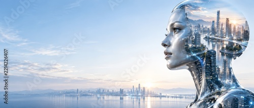 Silver Humanoid Robot Profile with Futuristic City Skyline and Blue Sky Copy Space