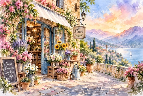 Watercolor coastal flower shop with floral display, chalk sign, french sign, and sunset lake view landscape painting