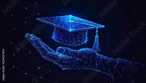 Digital Hand Holding Graduation Cap  Symbolizing Online Education and Future Technology