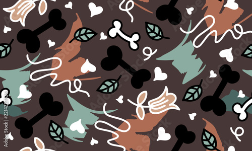 Abstract Dog Bone and Leaf Seamless Pattern with Hand Drawn Doodle Elements