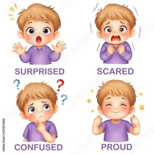 Cute boy emotions and feelings set, surprised, scared, confused and proud cartoon character