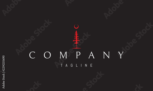 A vector red logo featuring a pine tree with a moon above it, symbolizing nature, tranquility, wilderness and peaceful nights.