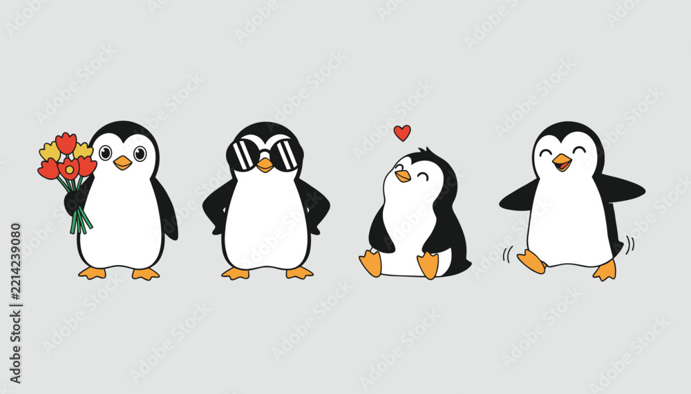 Fototapeta premium Adorable cartoon penguins in various poses and expressions, including holding flowers, wearing sunglasses, looking lovingly, and happily jumping, on a light gray background.