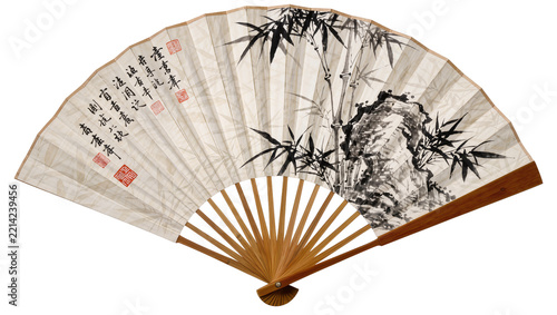 Traditional Chinese bamboo fan with ink painting of bamboo and rock, isolated on transparent background
