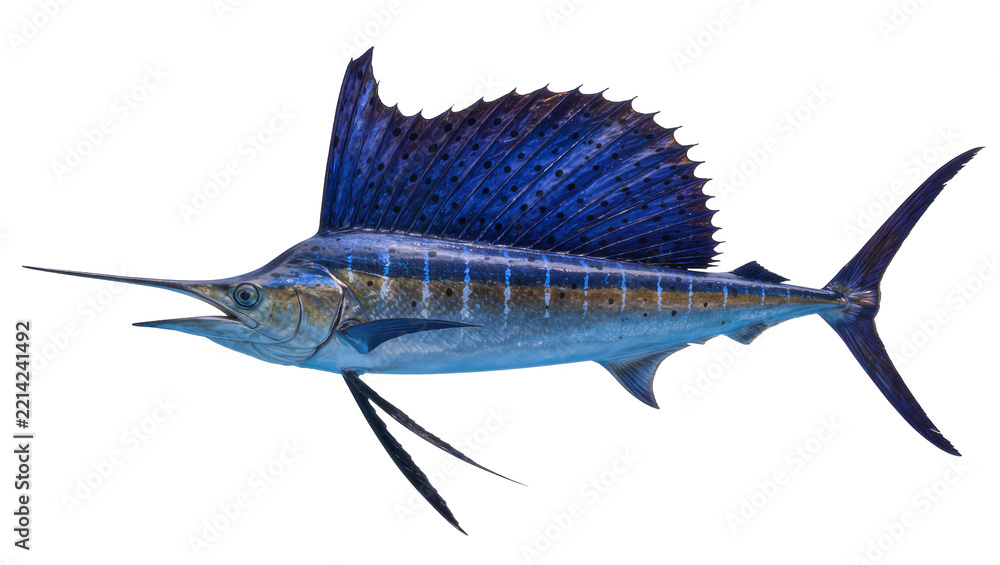 Naklejka premium Majestic blue sailfish with large dorsal fin, isolated on transparent background