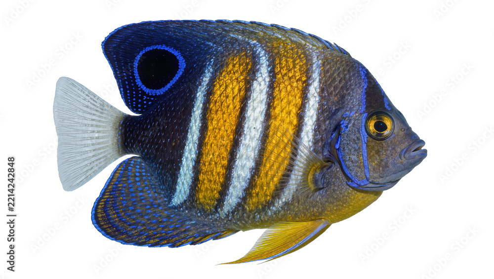 Naklejka premium Colorful angelfish with yellow white and blue stripes, isolated on transparent background