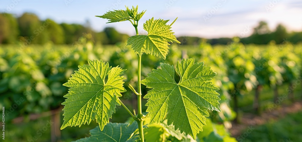 Naklejka premium Fresh grapevine shoot with vibrant green leaves in a sunlit vineyard, highlighting delicate new growth and agricultural vitality.