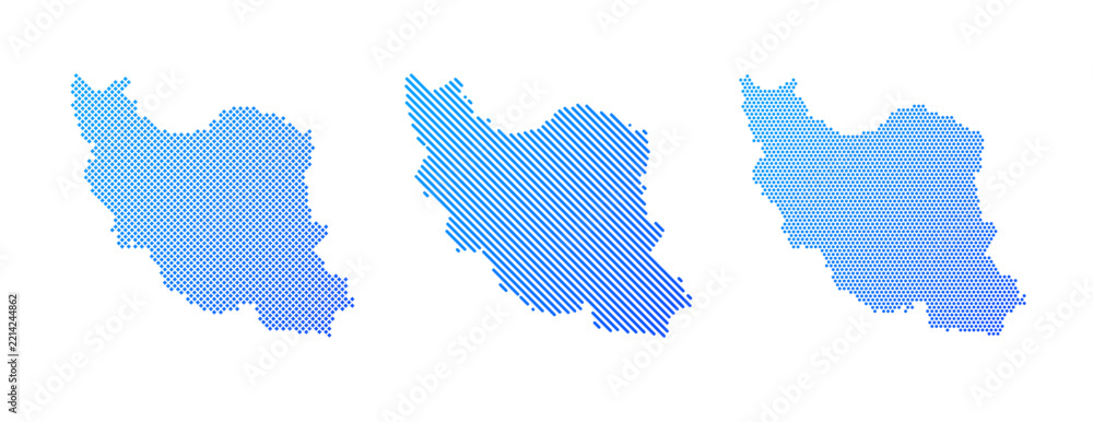Obraz premium Iran - Collection of stylized country silhouettes in three graphic patterns: dotted, diagonal striped and halftone. Clean blue vector designs isolated on white.