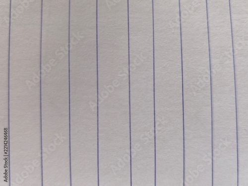 Texture background of a white lined notebook paper sheet with straight vertical blue lines.