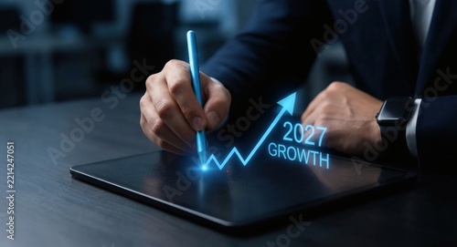 A business professional analyzing growth for 2027 , forecast on sleek tablet device with focused professional using stylus pen
