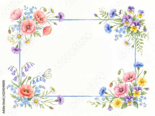 Watercolor wildflower frame with poppies daisies and pansies illustration