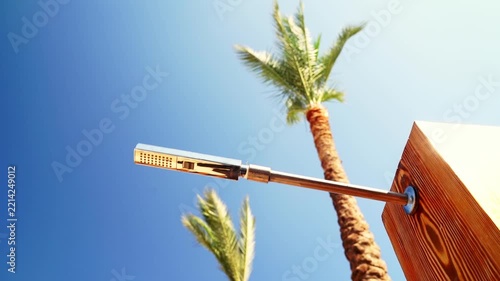 Bright sun shines overhead with clear blue skies. Palm trees sway gently in the breeze. Water sprays from a modern outdoor showerhead. Wooden panel frames the showerhead's mount