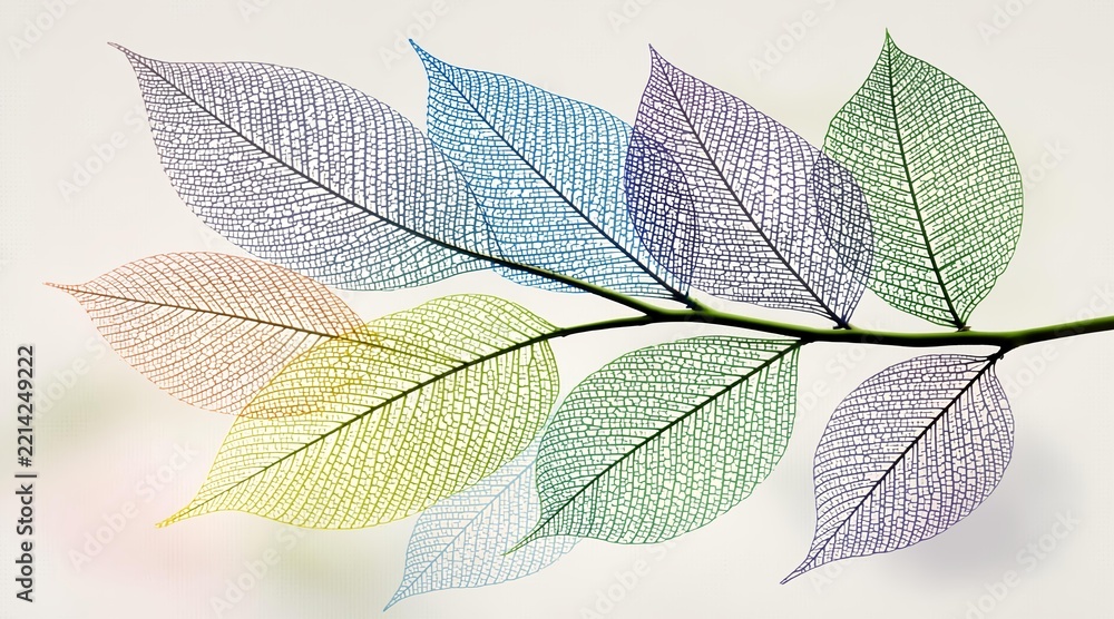 Fototapeta premium Colorful Delicate Skeleton Leaves Branch Arrangement on Minimalist Background
