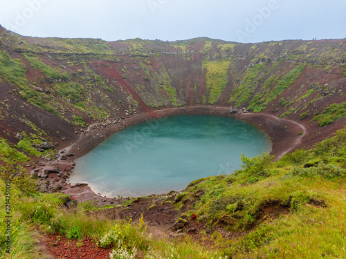 Panoramic View of Kerid Volcanic Crater Lake in Rain
