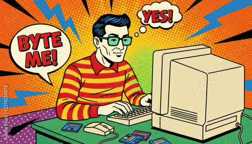 Retro pop art comic style man glasses striped shirt vintage computer floppy disk colorful speech bubble humor excitement technology nostalgia office desk keyboard mouse blue yellow red green