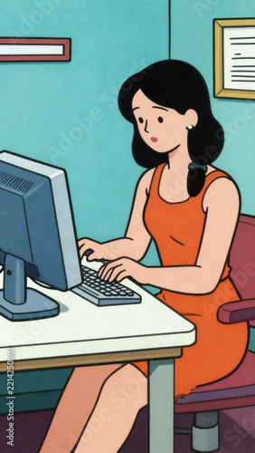 Woman computer office desk typing business professional workplace technology sitting adult female dress chair monitor keyboard working modern communication job employee corporate workspace