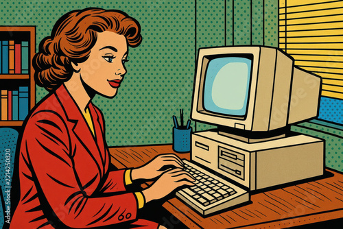 Retro pop art woman computer vintage office typing technology desk business confident professional 1980s illustration colorful workplace classic monitor keyboard nostalgia communication