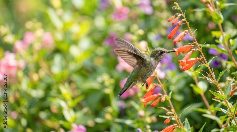 Fototapeta premium Tiny hummingbird hovers while feeding on vibrant orange flowers in a lush garden setting