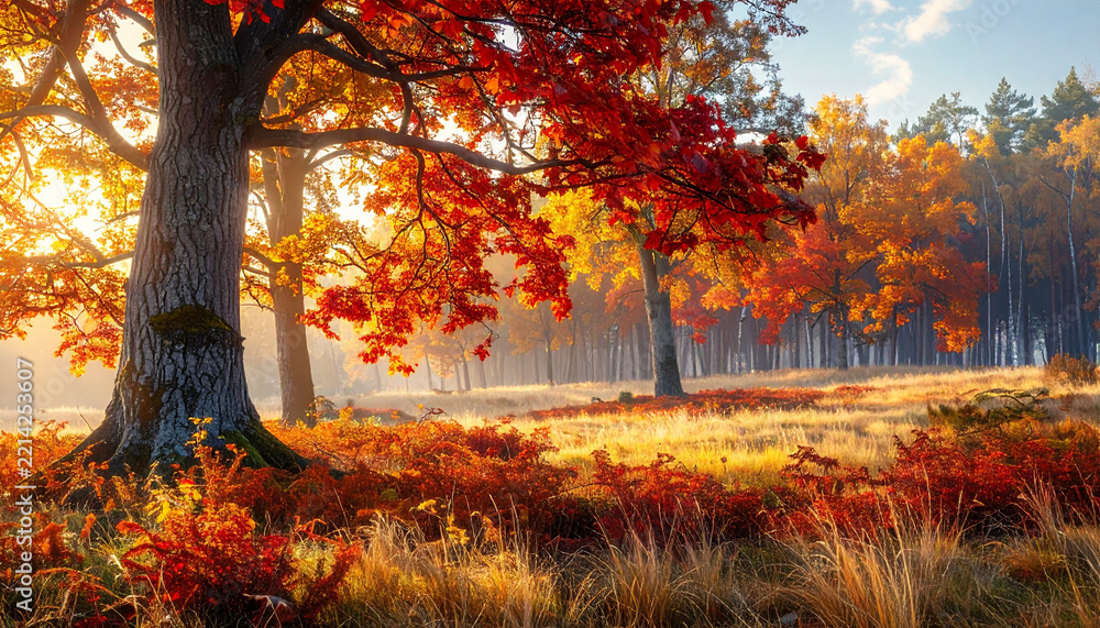 Fototapeta premium Magical Autumn Forest Landscape with Vibrant Fall Foliage and Dramatic Sky Generative AI 