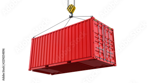 Red shipping container being lifted by a crane hook, isolated on transparent background
