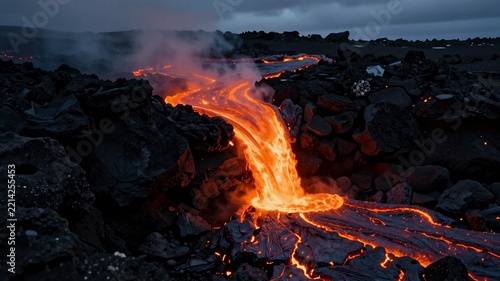 Dramatic Volcanic Lava Against Dark Rocks