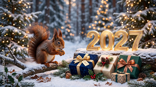 New Year 2027 squirrel eating a nut with Christmas gifts in snowy