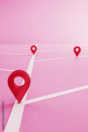 Fotografie Abstract pink navigation map background with red location pins, route planning and destination concept in a light minimalist composition