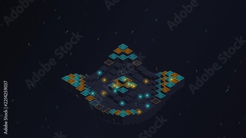 Abstract Isometric Grid with Glowing Particles in Dark Space