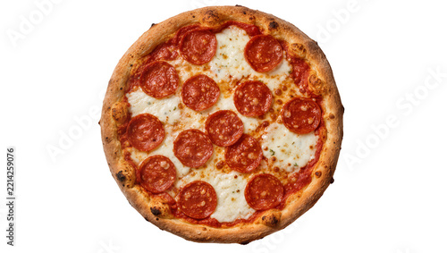 Round pepperoni pizza with melted mozzarella cheese, isolated on transparent background