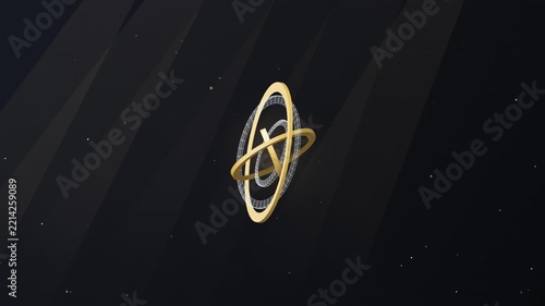 Golden Rings Rotating Around A Wireframe Sphere In Deep Space