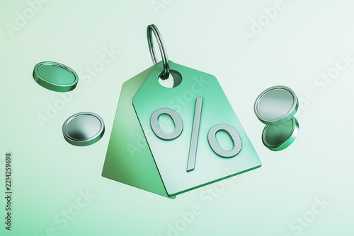 Fotografie Green percentage discount tag with metallic ring and floating circular accents on a soft mint background, creative savings concept