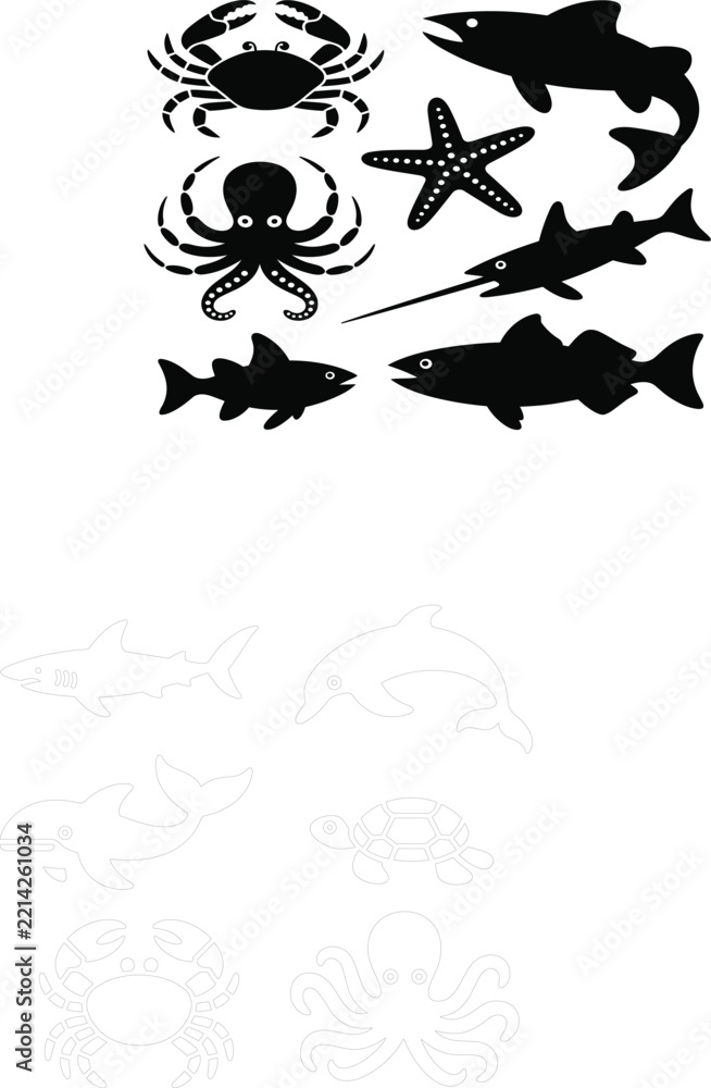 Fototapeta premium Black marine sea life silhouettes vector icons including crab octopus starfish swordfish and fish collection