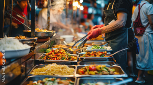 Street food vendor preparing skewers for customers in bustling urban market with sizzling grill station