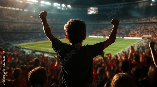 Soccer Fanatic's Triumph: A young fan's silhouette stands with arms raised in exultation amidst a roaring crowd in a packed stadium, celebrating a momentous victory on the green field.